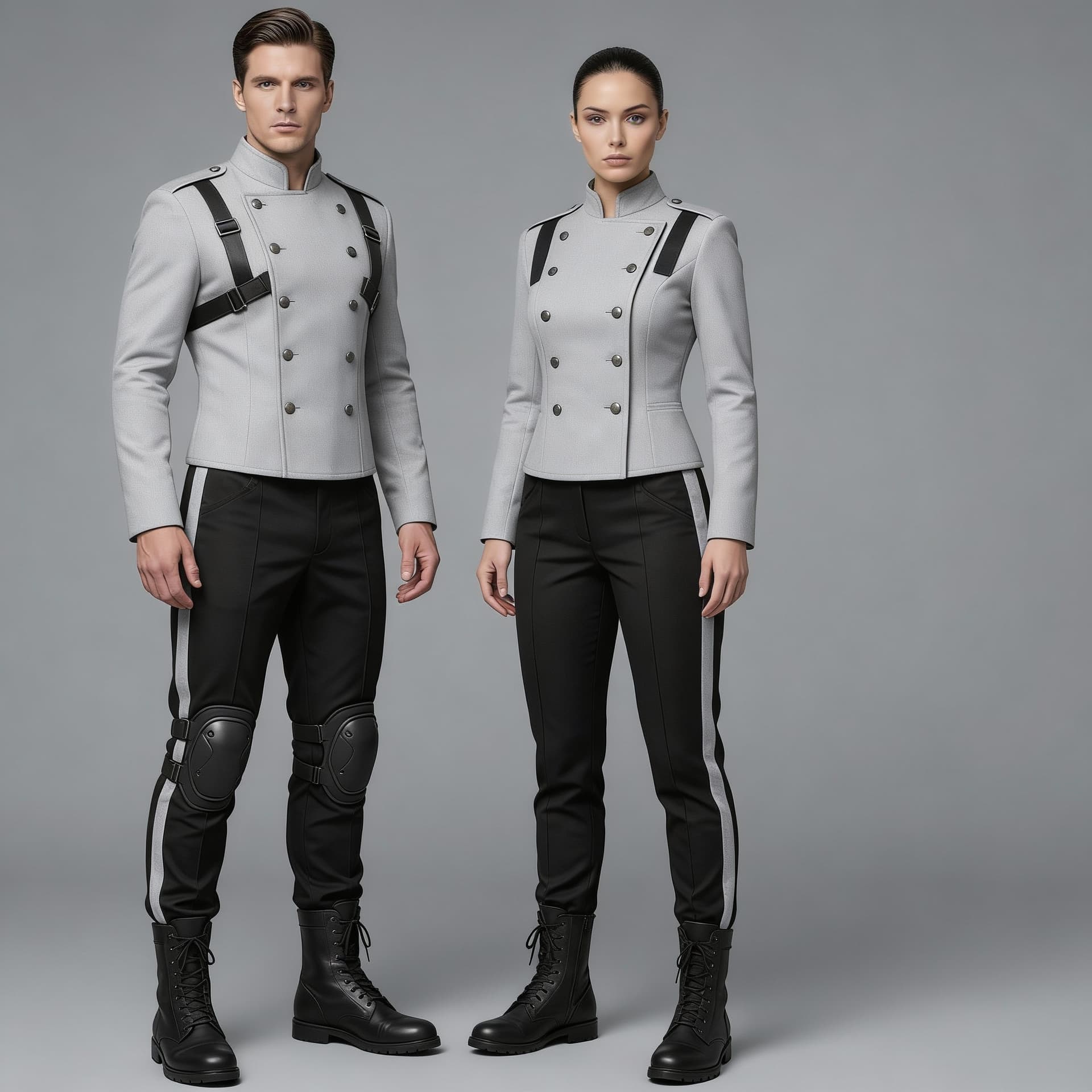 AI generated: Create matching Sci-Fi uniforms. Use the reference image 1, and turn all Dark Blue to Light Grey. Ju...
