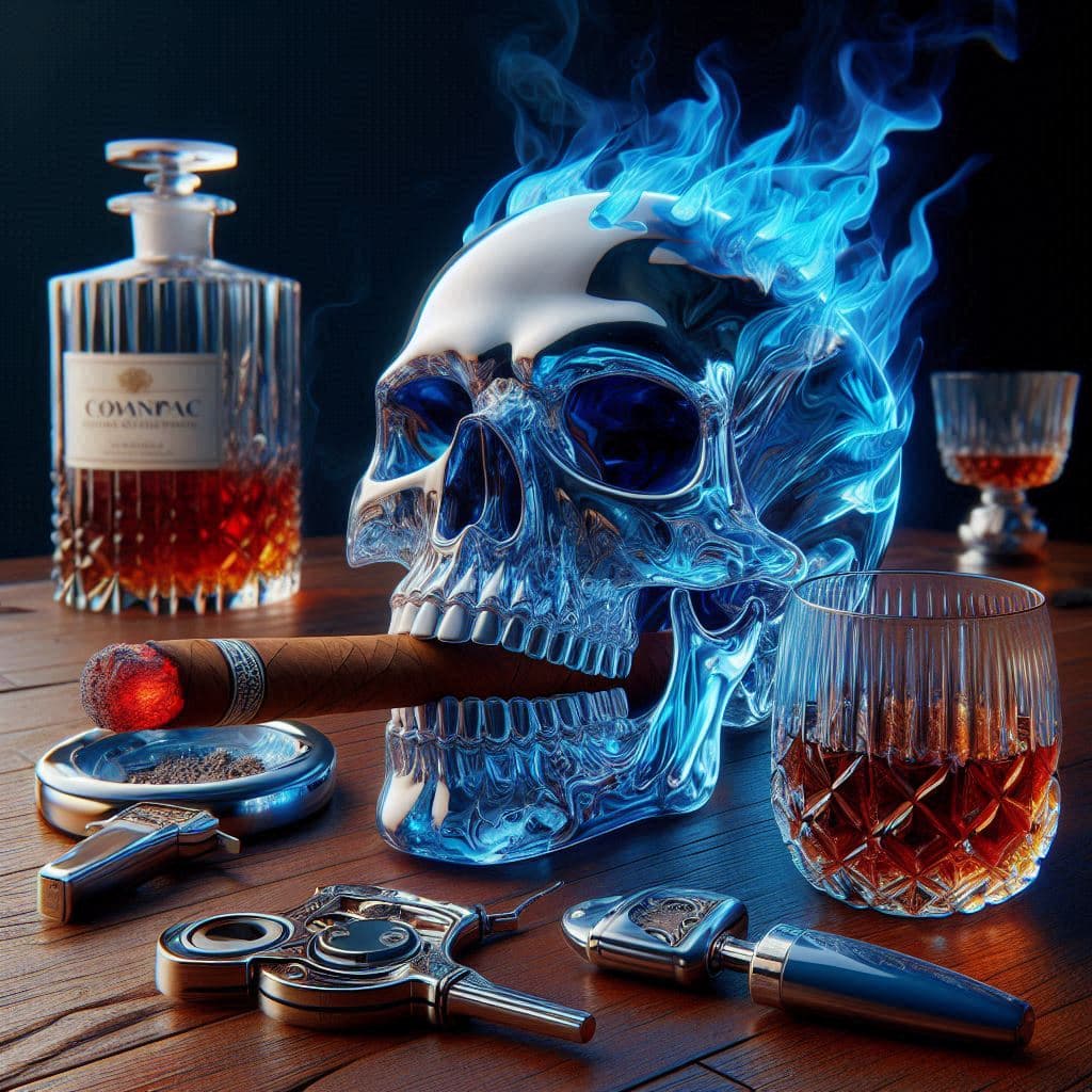 AI generated: ultra realistic, 35mm, image of a large 3D, blue clear crystal skull, with blue flames on top the sk...