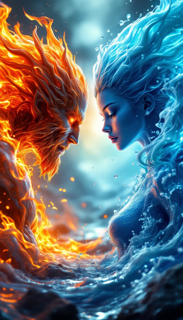 AI generated: An epic, high-detail render in 8k octane, showcasing a confrontation of elements: A benevolent, wate...