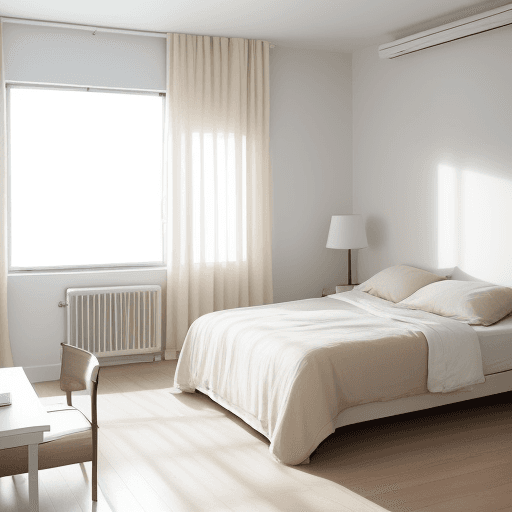 AI generated: cinematic, canon EOS 5d, minimalist apartment bedroom, modernism furnishings, beige and white tone, ...