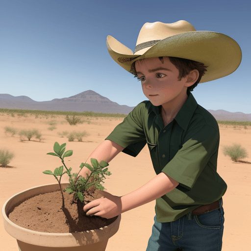 AI generated: Photo of a ultra realistic 
of a boy in green shirt and cowboy hat, planting an acacia tree in the c...