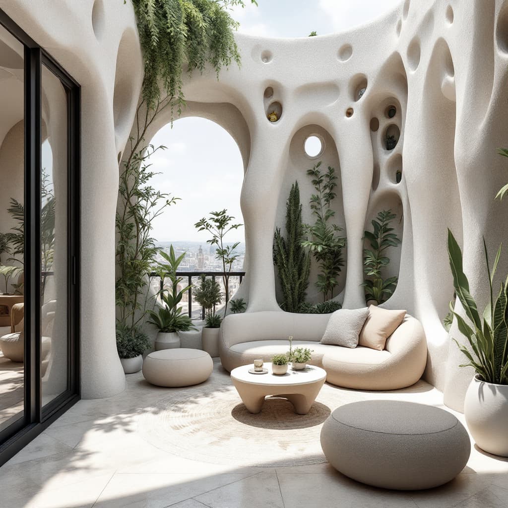 AI generated: A hyper-realistic Gaudí-inspired apartment terrace interior with undulating facades and nature-deriv...