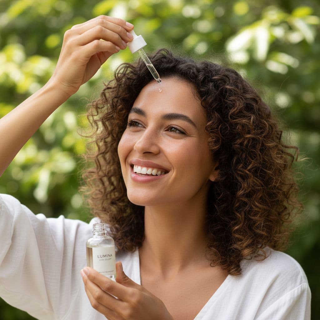 AI generated: Smiling woman applying hair serum with dropper, soft daylight, natural setting, fresh and healthy lo...
