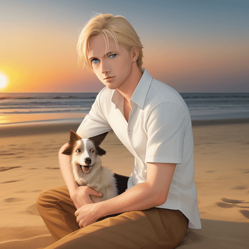 AI generated: man, blond hair, short, blue eyes, white shirt, with dog, border collie, golden eyes, dark brown, si...