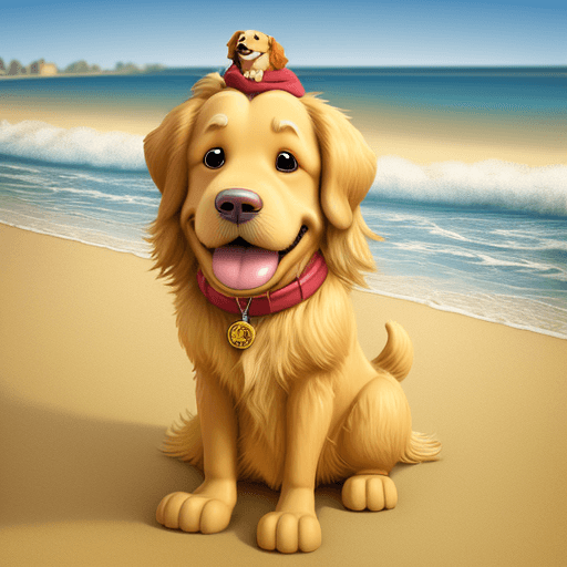 AI generated: Disney Pixar style caricature cartoon, golden retriever, banksy style, on beach