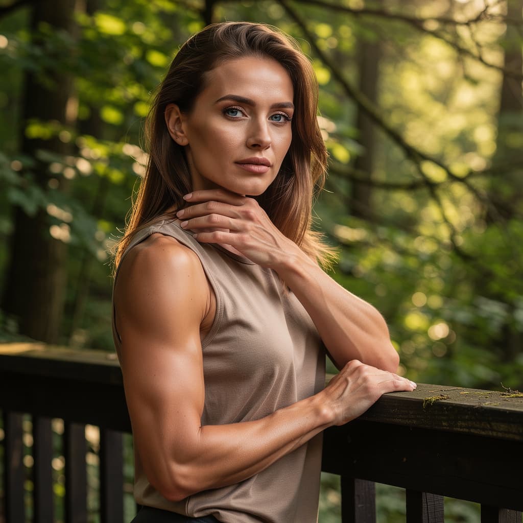 AI generated: A fit, topless adult woman with bronze hair and blue eyes is posing against a dark wooden railing in...