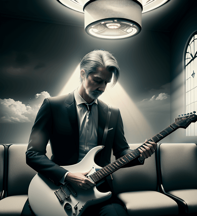 AI generated: elegant man playing electric guitar in waiting room to heaven,god ray,cinematic lighting,(masterpiec...