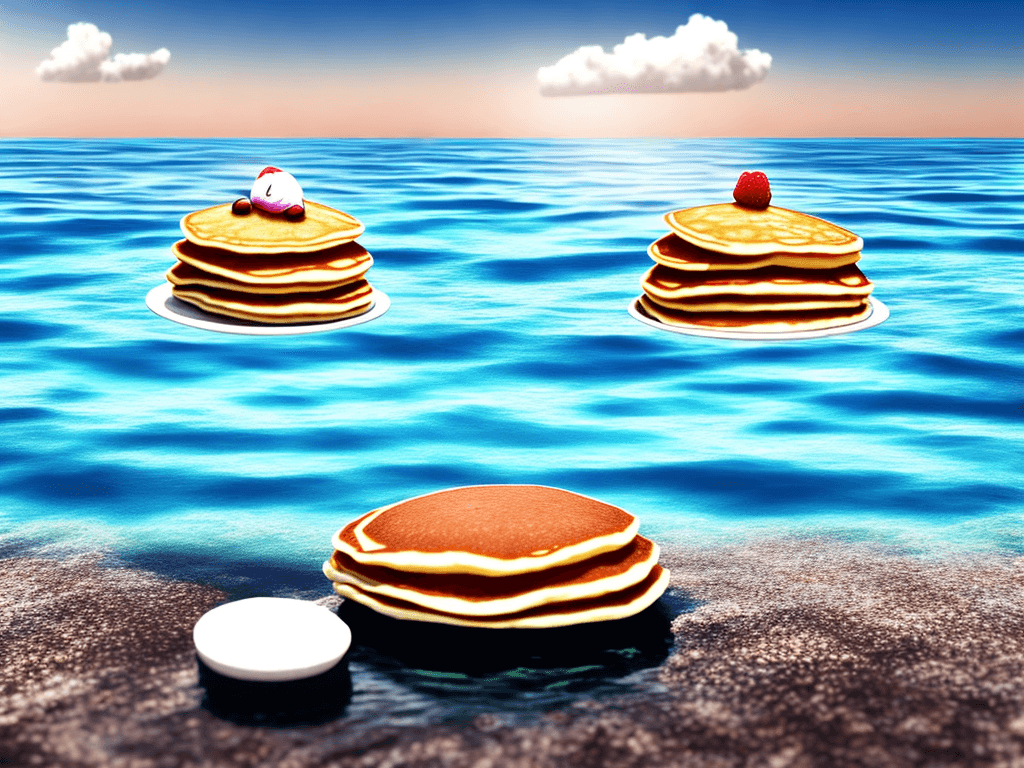 AI generated: Hyper realistic eye level photo of a lone delicious pancake floating in the ocean, daylight, pretty ...