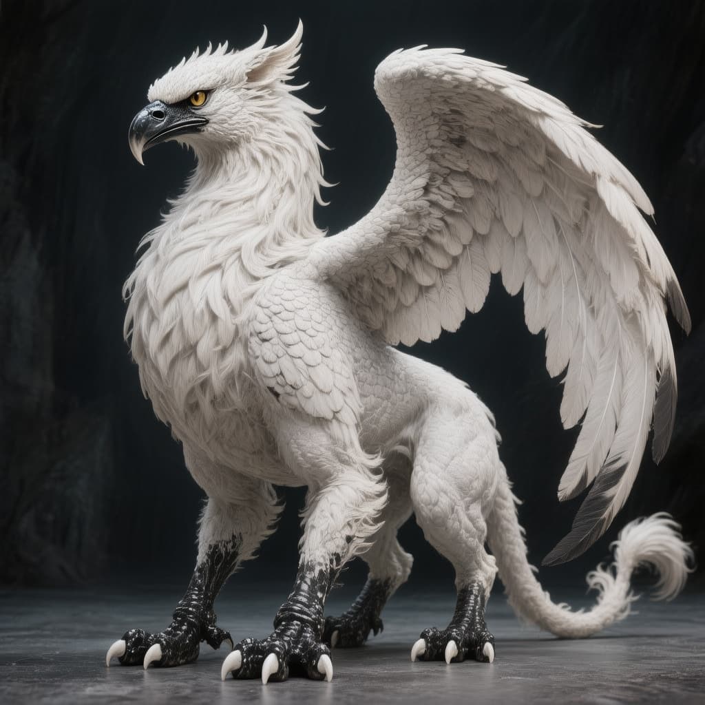 AI generated: a white griffin with white feathers that black tipped and a black beak and black paws with white cla...