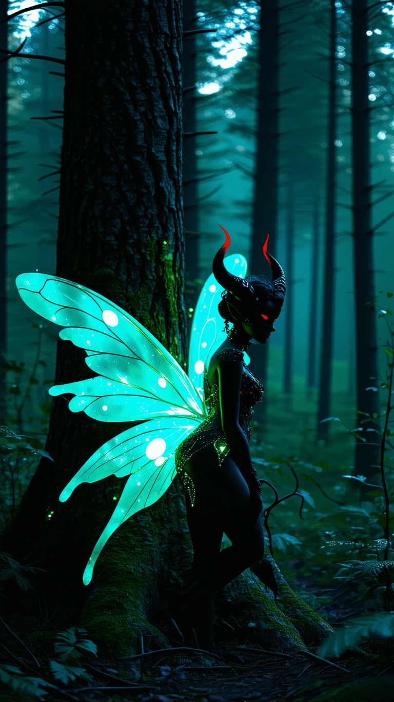 AI generated:  a devil in shape of a fairy in dark forest, in style of Alex Lorenzo. 