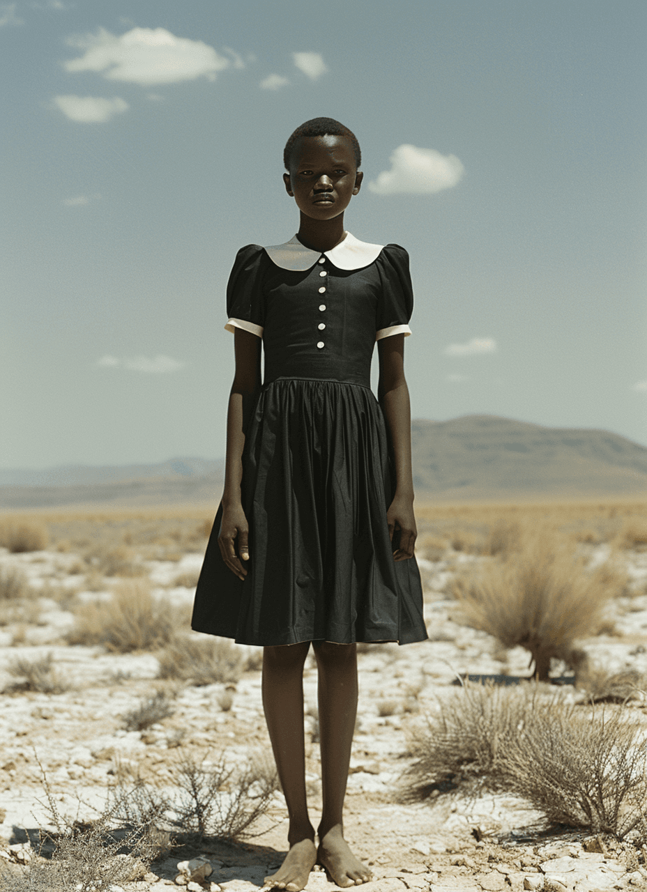AI generated: Photograph of an African woman wearing a black dress and white collar, barefoot standing in the midd...