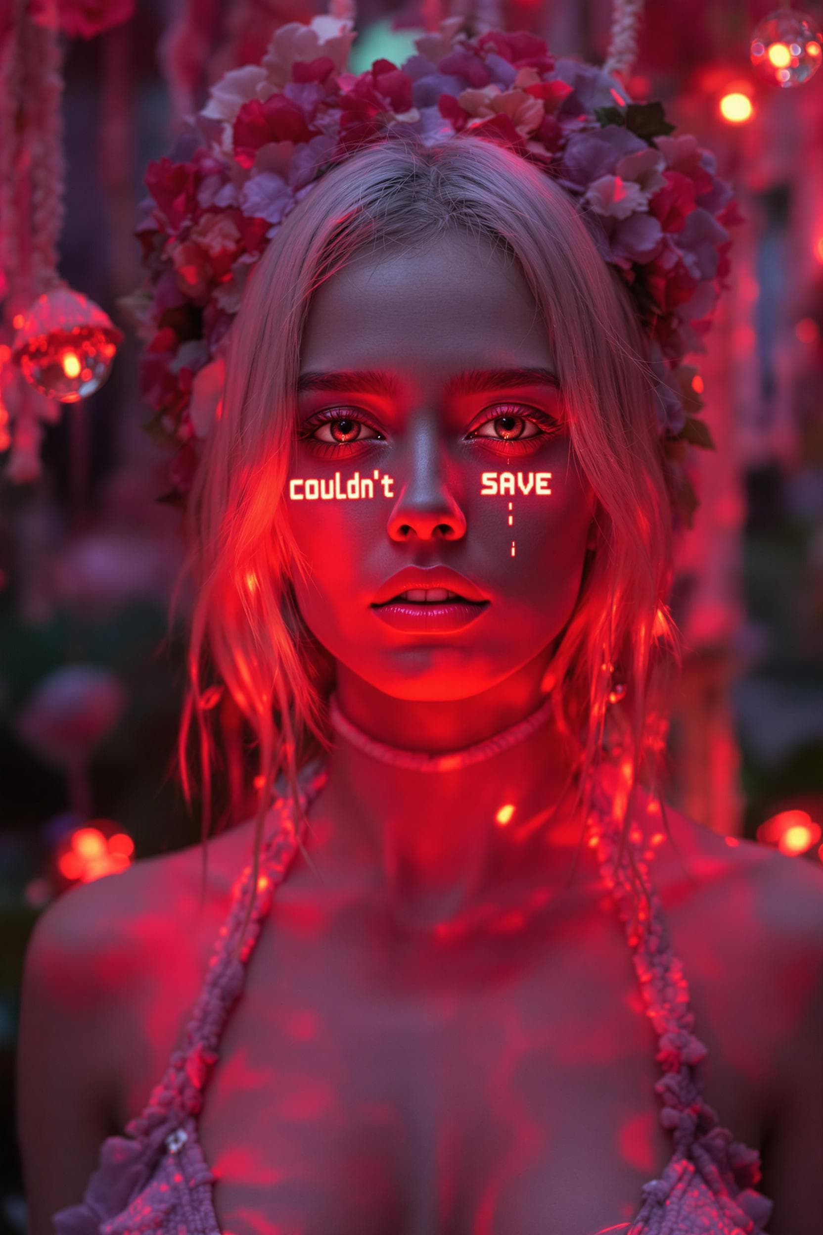 AI generated: Ultra sharp photography of a centre focused Blonde nymph cyborg with a pixelated teardrop on her fac...