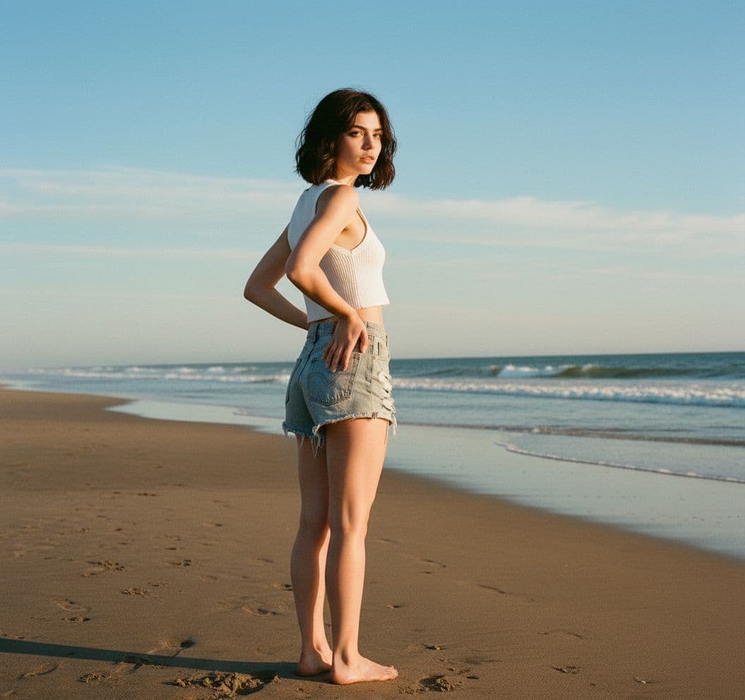 AI generated: The woman stands on a sandy beach with her back to the camera. . Her skin tone is fair,  She wears a...