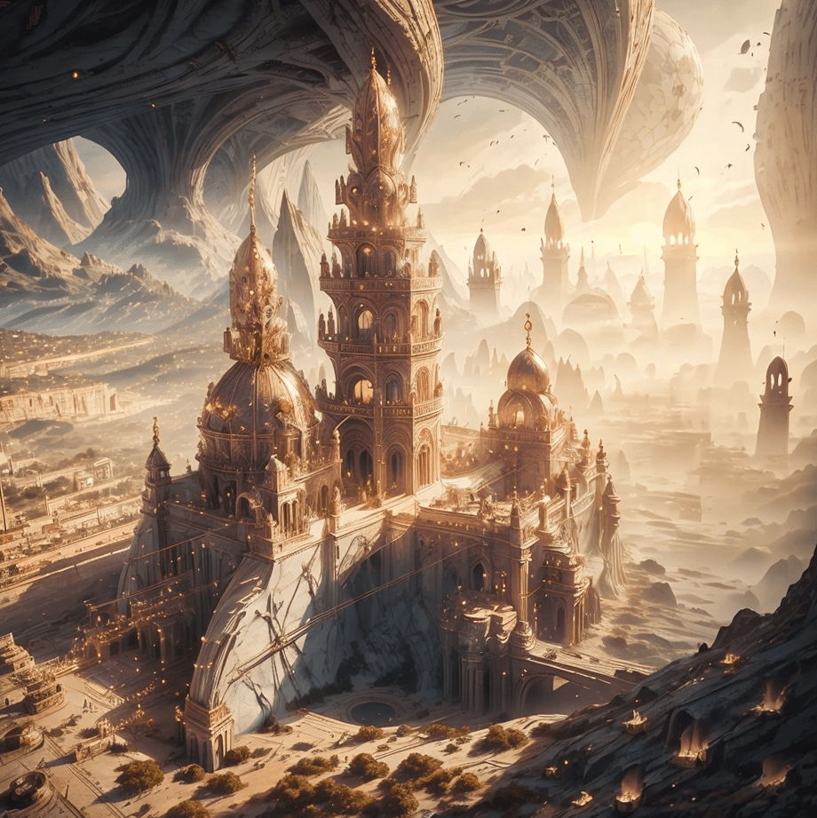 AI generated: Stunning fantasy city of scientists and magicians with white marble houses and oaks growing on the s...