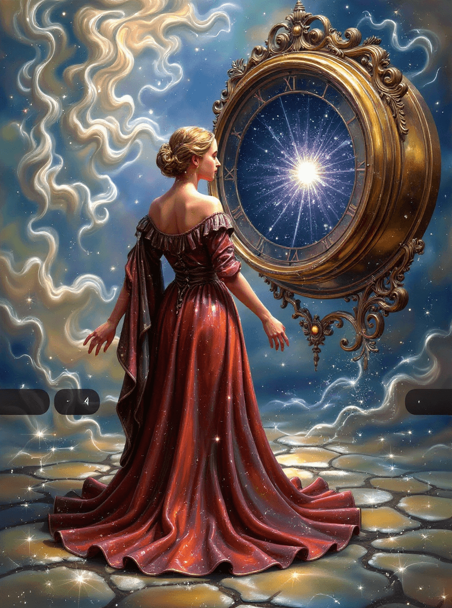 AI generated: A solitary woman in a flowing crimson gown stands before an ancient, ornate clock dissolving into a ...