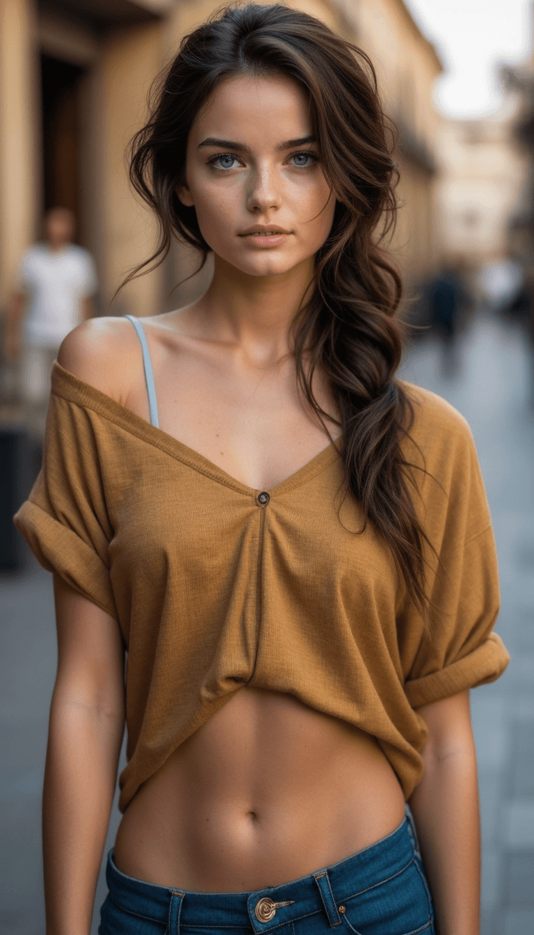 AI generated: A woman standing confidently in an urban setting, wearing a loose mustard-colored crop top that fall...