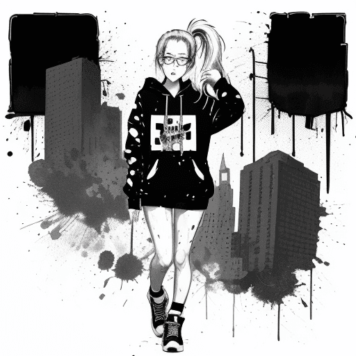 AI generated: a painting of 18 years old women with white side ponytail hair, full body, glasses, hoodie, in the s...