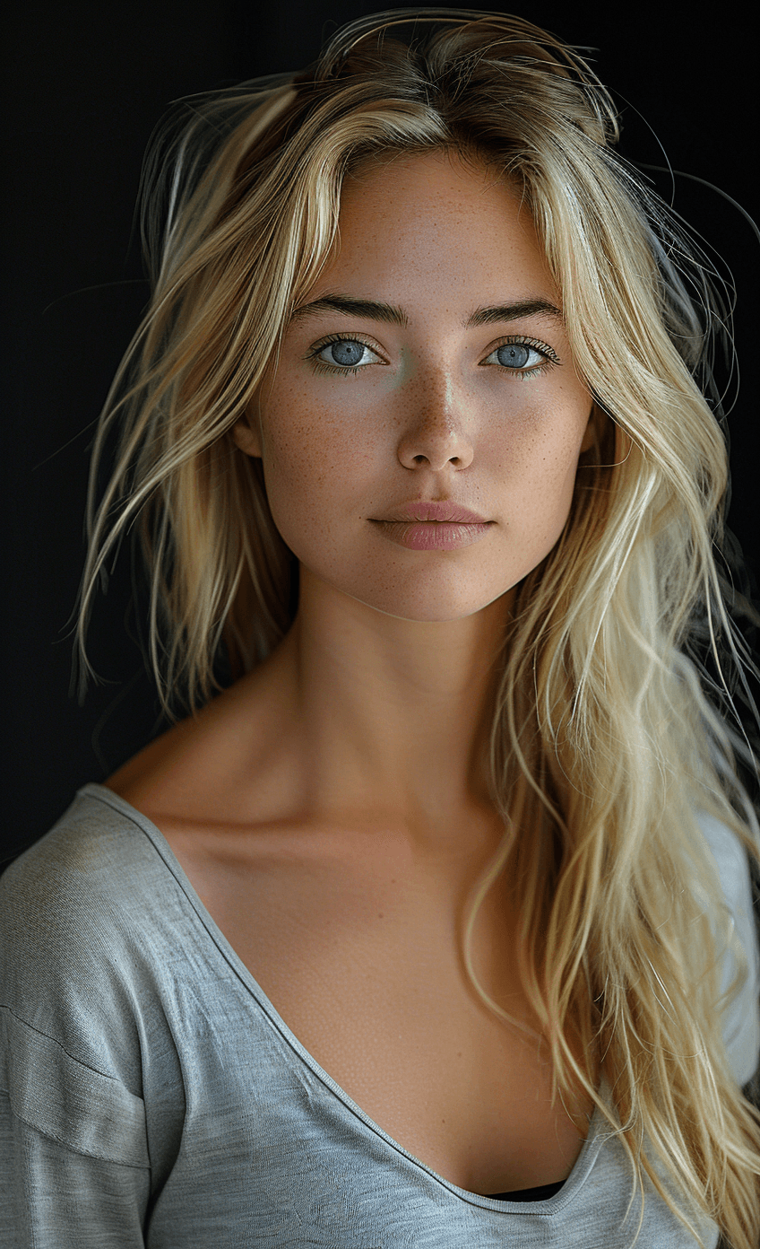 AI generated: headshot of a beautiful blonde young woman, with long hair and blue eyes, wearing a gray shirt with ...