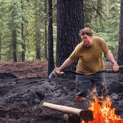 AI generated: A man chopping wood, in the forest, surrounded by lava, photo realistic