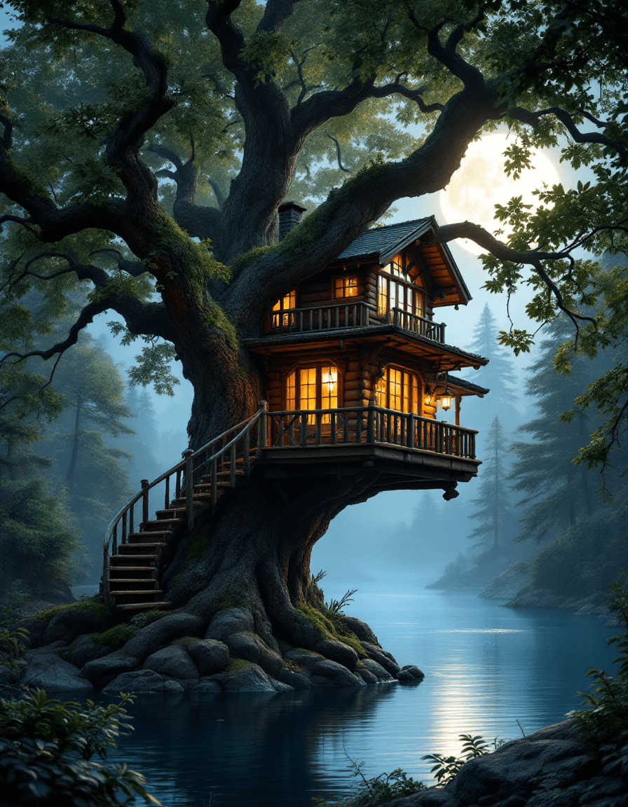 AI generated: A **hyper-realistic log cabin treehouse**, perched atop the **massive branches of an ancient tree**,...