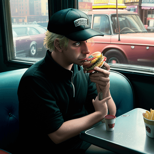 AI generated: a lonely and depressed german shepherd wearing a baseball cap eating a hamburger and fries beside th...