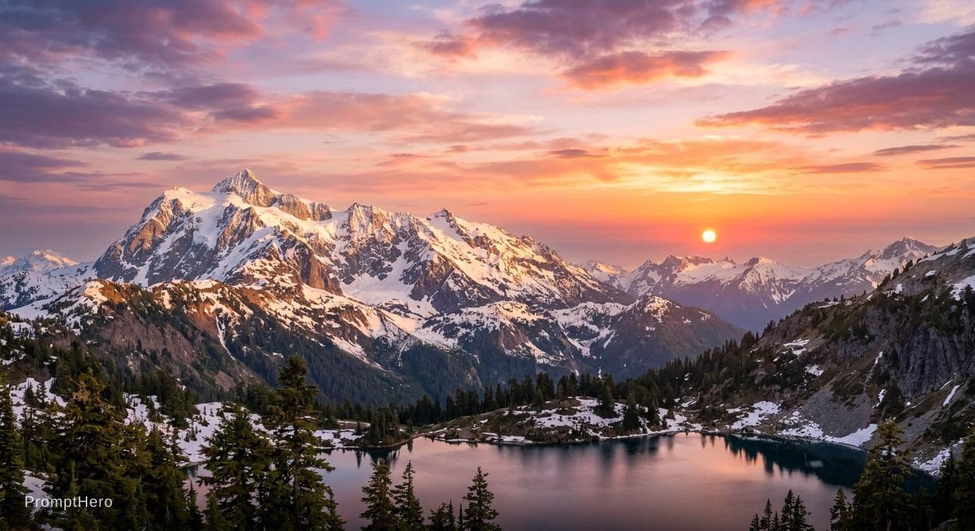 AI generated: A serene mountain landscape at sunset with snow-capped peaks