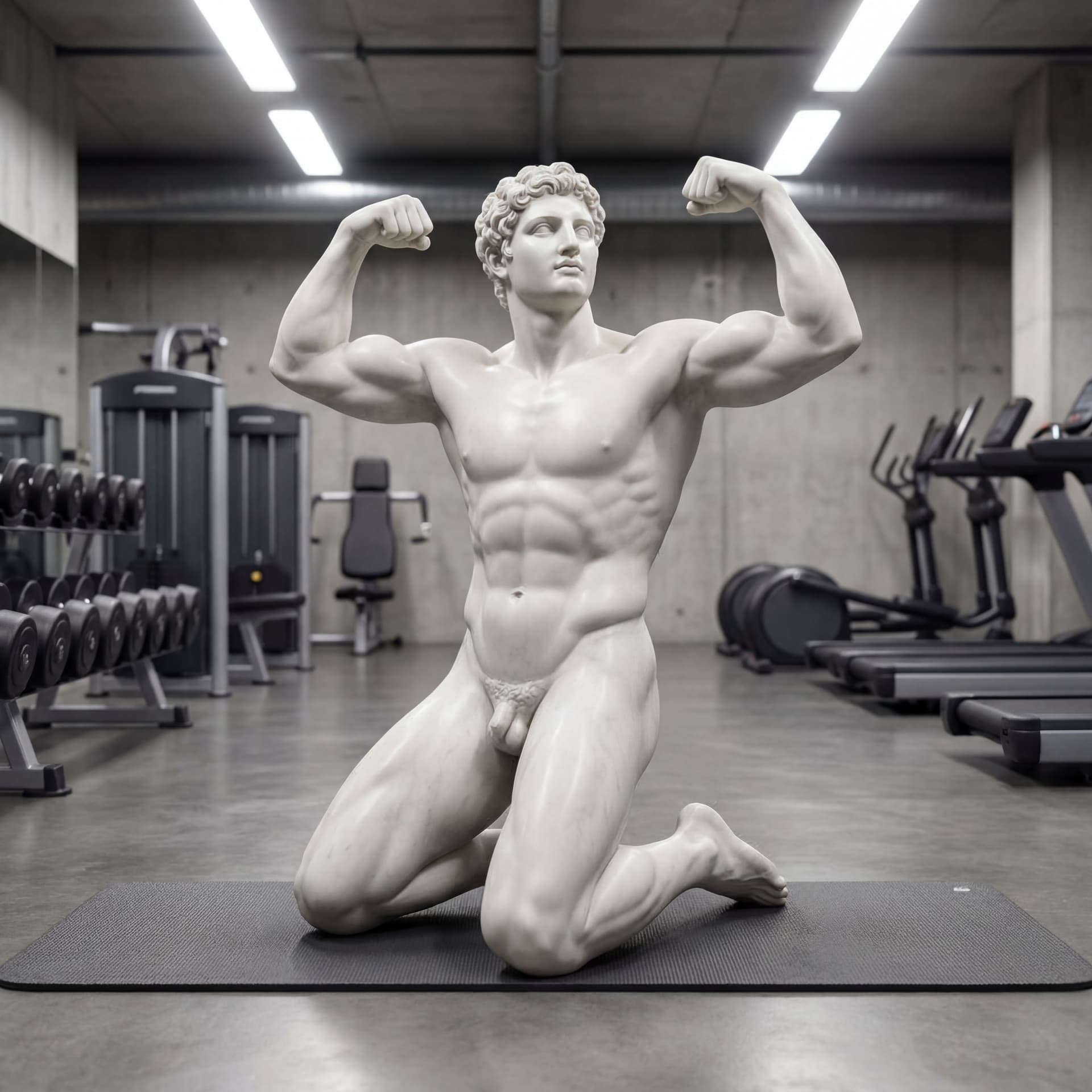 AI generated: A hyper-realistic marble statue of a young Greco-Roman male figure kneeling on a yoga mat in a moder...