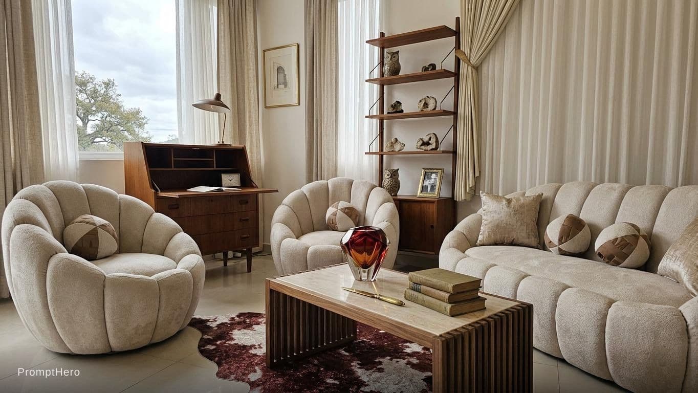 AI generated: photograph, home office, mid-century, cloudy, creating a warm white and inviting atmosphere, such as...