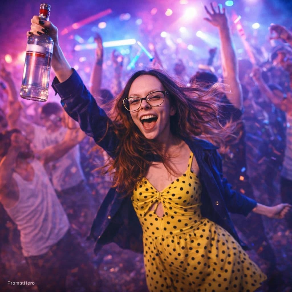 AI generated: full view girl holds a vodka bottle, she dances wildly at a rave party