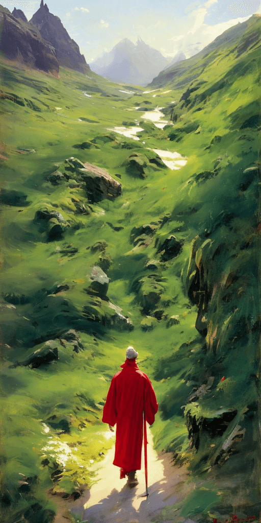 AI generated: paint brush strokes, oil painting of exterior of a lone traveler in a red robe in the distance walki...