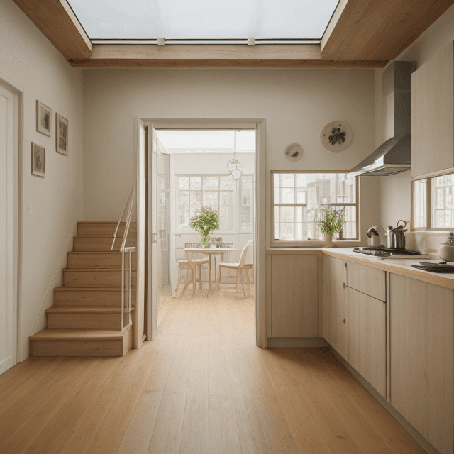 AI generated: High resolution photography kitchen design, wooden floor, small windows opening onto the garden, bau...
