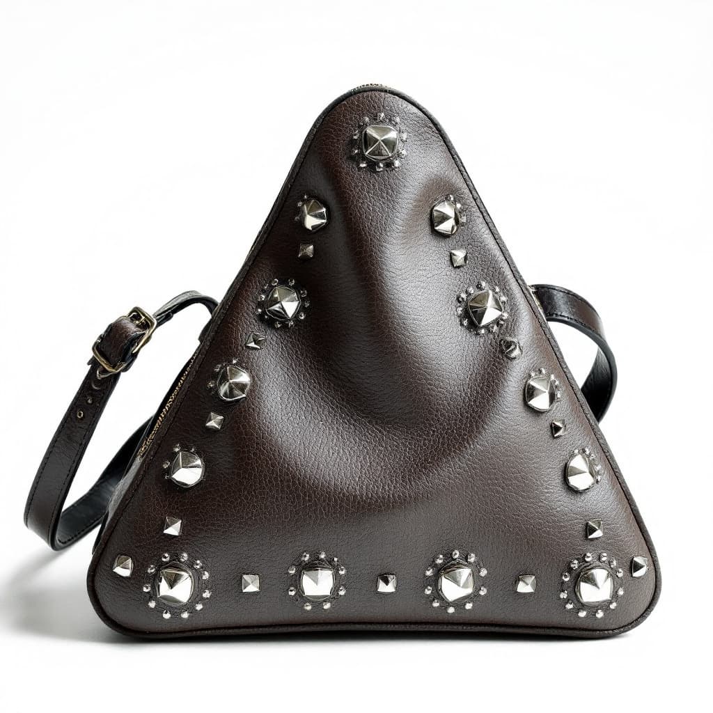 AI generated: A Grainy leather triangle bowling bag designed by the row, with silver studds, shot on a white backg...