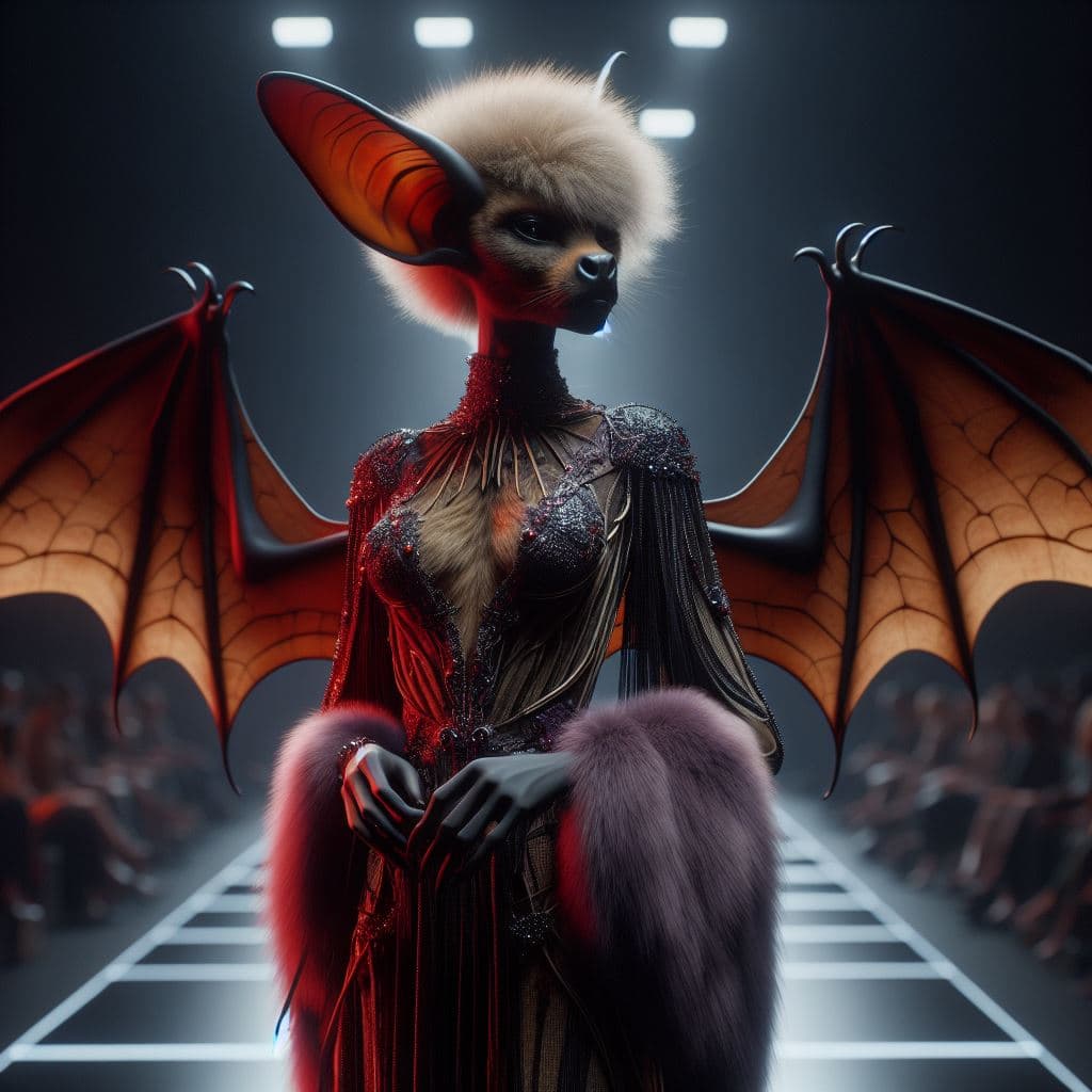 AI generated: anthromorphic,female,bat element,bat true colour,wearing a exotic dress with bat element,majestic ba...