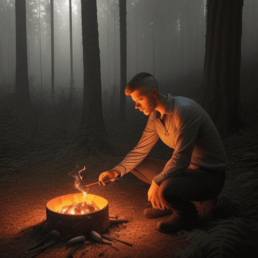 AI generated: A man is lighting a fire in the forest, he has a cigarette in his mouth and is smoking, the forest t...