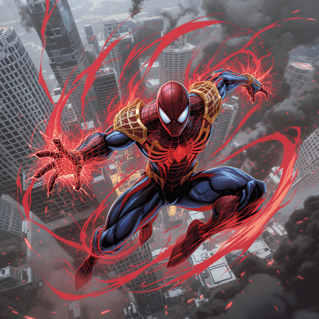 AI generated: A high ground angle shot, skyscrappers on low ground, Spiderman fighting at war, raging, character d...
