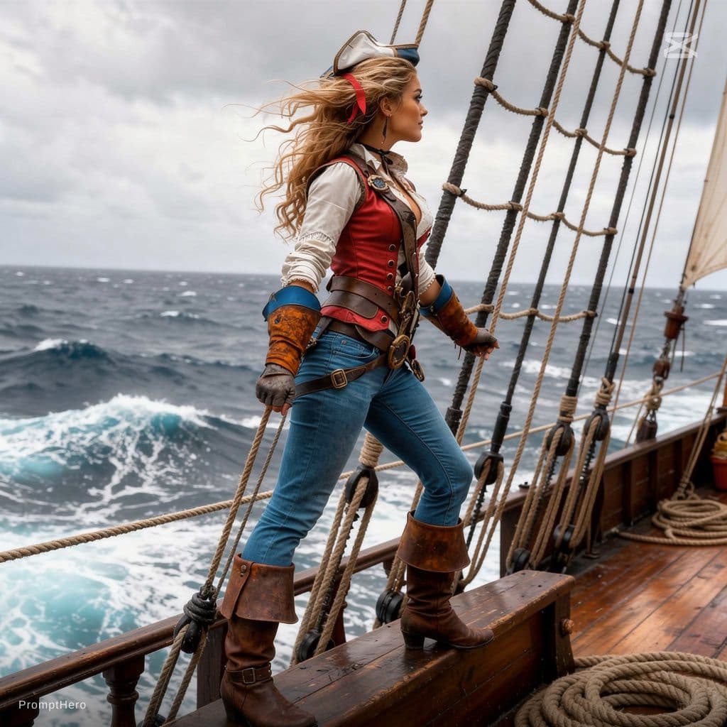 AI generated: ​"Una aventurera pirata con cabello rubio ondulado , vistiendo un corsé rojo sobre una camisa blanca...
