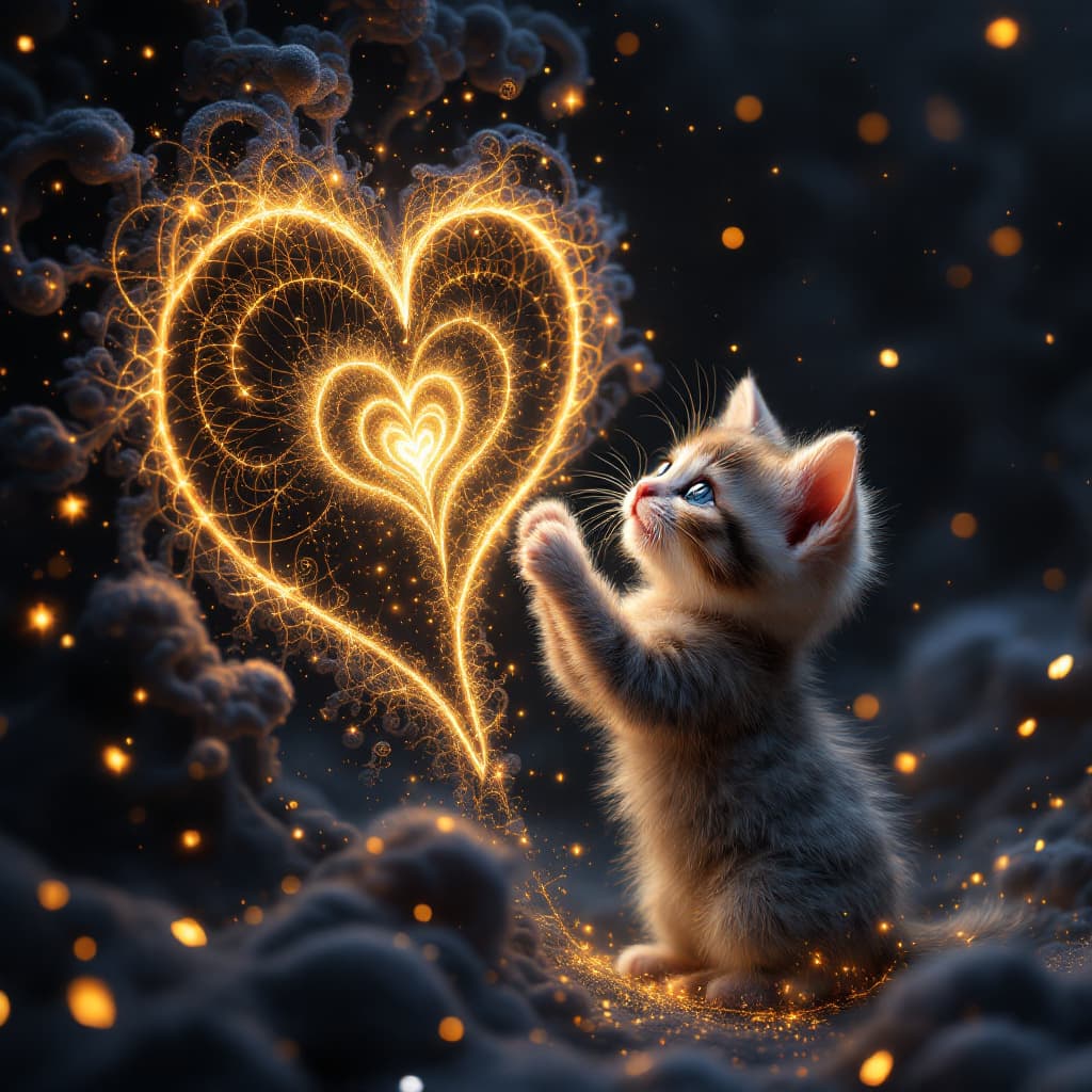 AI generated: Create a 3D realistic fractal art piece featuring a tiny, adorable kitten surrounded by glowing, int...