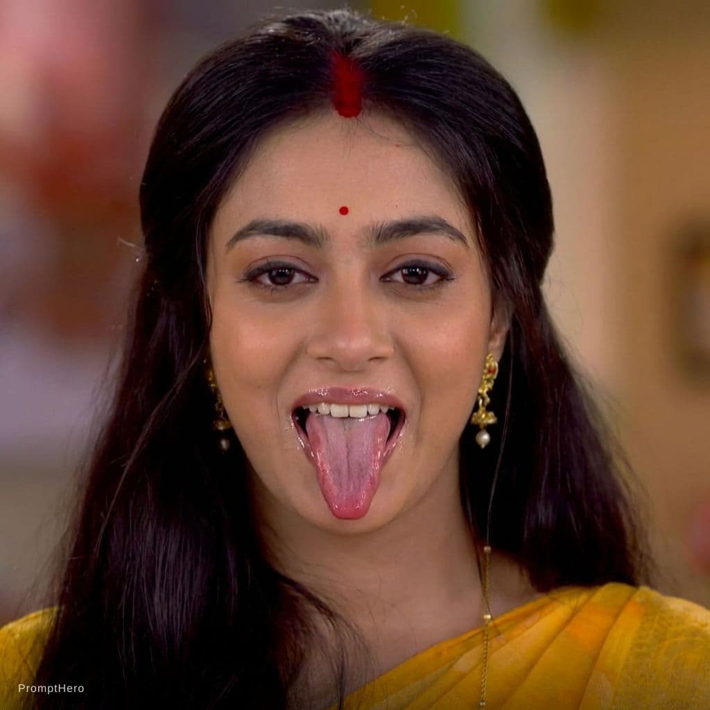 AI generated: Make her long tongue out realistic with visible teeth and saliva on tongue but maintaining the origi...