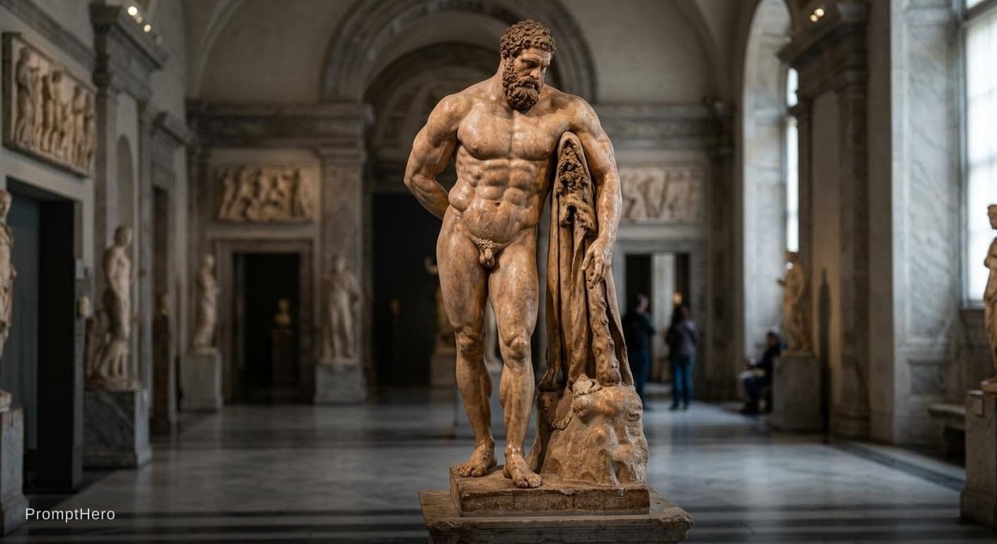 AI generated: Create a colorized hyper realistic 8d version of the farnese hurcules statue. Make it human skin ton...
