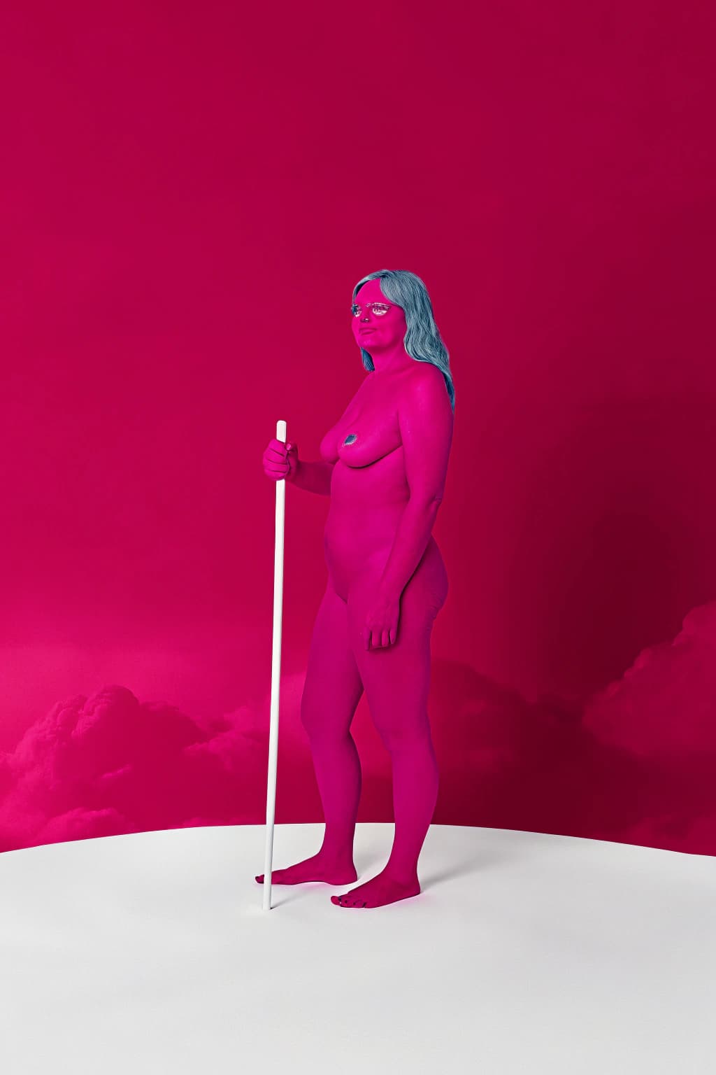 AI generated: full shot, full-length portrait, wide field of view, showing entire body, fantasy, nude elf with blu...