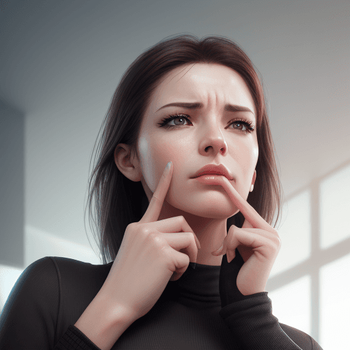 AI generated: photo realistic, modern woman striking a pose looking up, index finger to her chin, thinking "I forg...