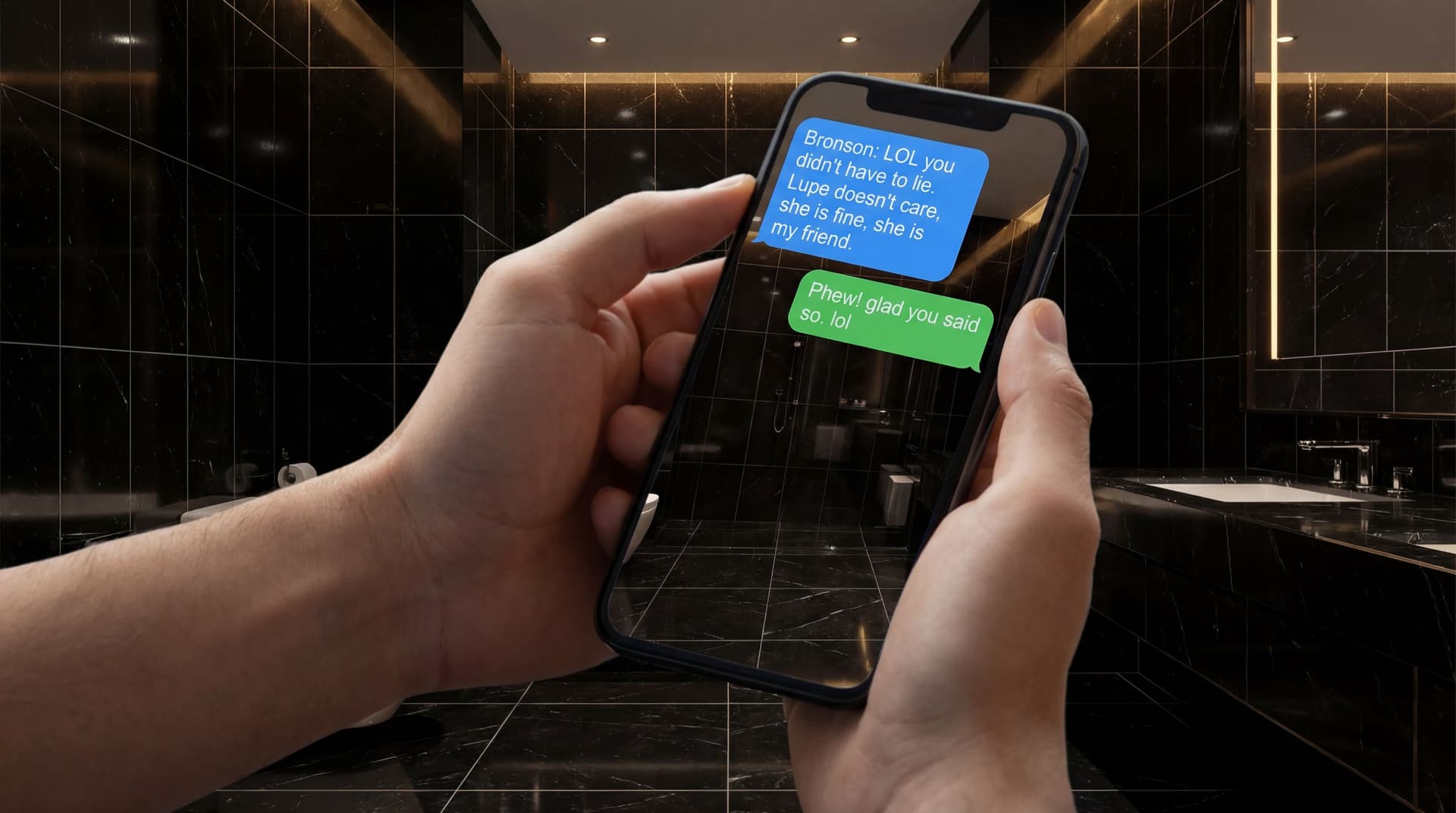 AI generated: At a luxurious bathroom. 
The whole bathroom has black tile. 

The arms are of a male in his 30's. T...