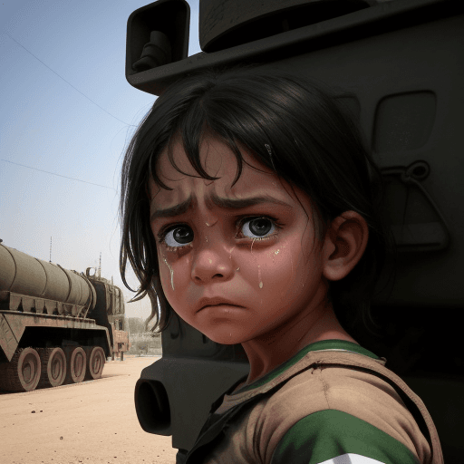 AI generated: a child who looks like a warrior, but innocent and tears in her eyes with palestine flag, background...