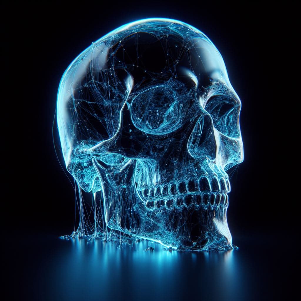 AI generated: a 3d realistic image of a skull made of glass, with blue light shining through, creating a glowing a...