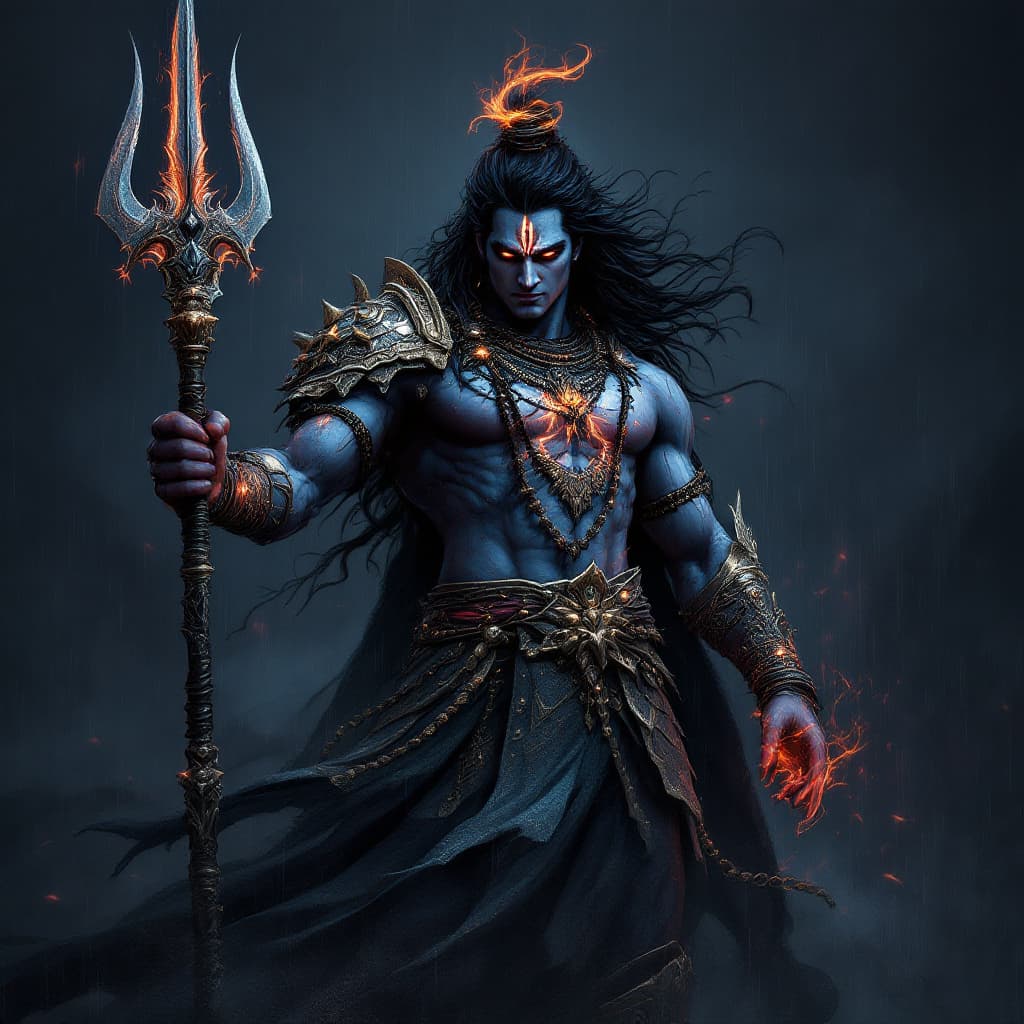 AI generated: digital wallpaper, Lord Shiva the warrion, trishul in his hand, alone, glowing elements, intricate a...