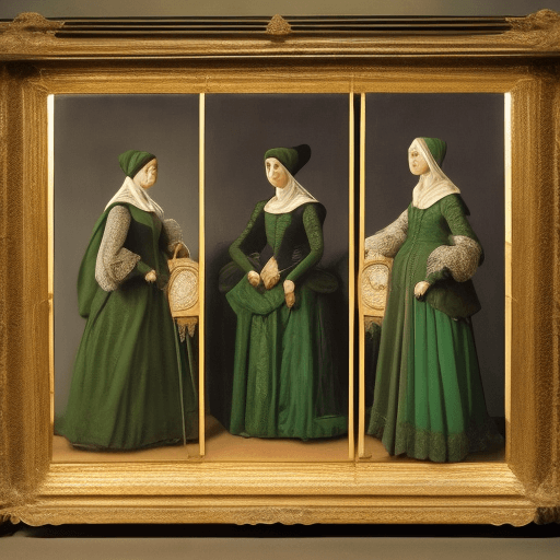 AI generated: three women in renaissance costume stand in a dark background, in the style of contemporary realist ...