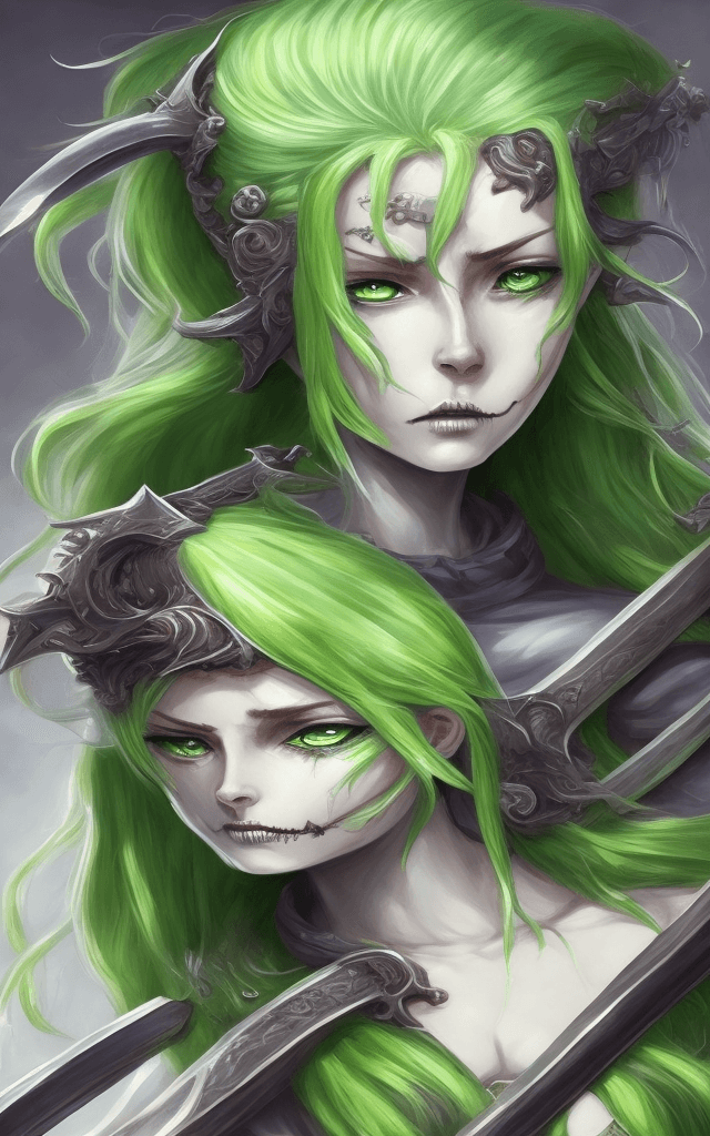 AI generated: ((best quality)), ((masterpiece)), (detailed), woman with green hair, holding a sword, (Artgerm insp...