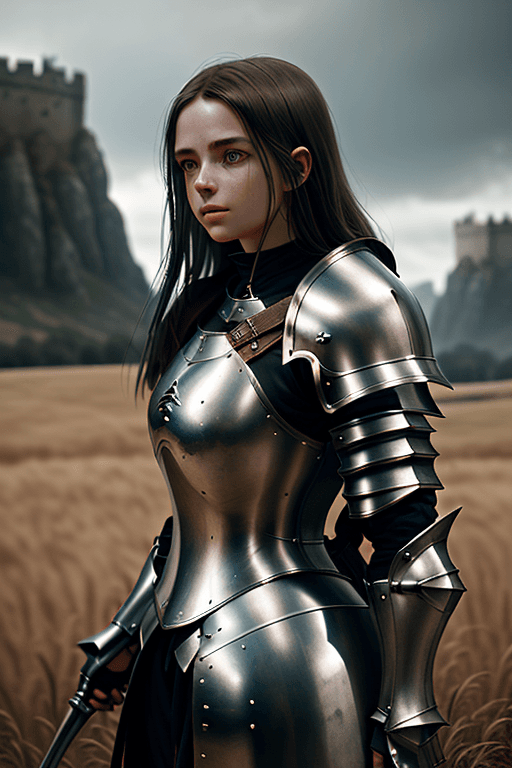 AI generated: Photo of a girl in medieval armor, subtle metal reflections, upper body, outdoors, field, overcast, ...