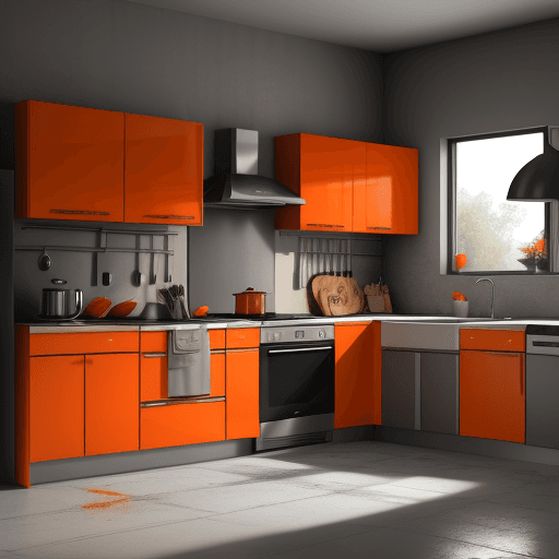 AI generated: a kitchen in revolt , 8k , superhd , orange and gray tones