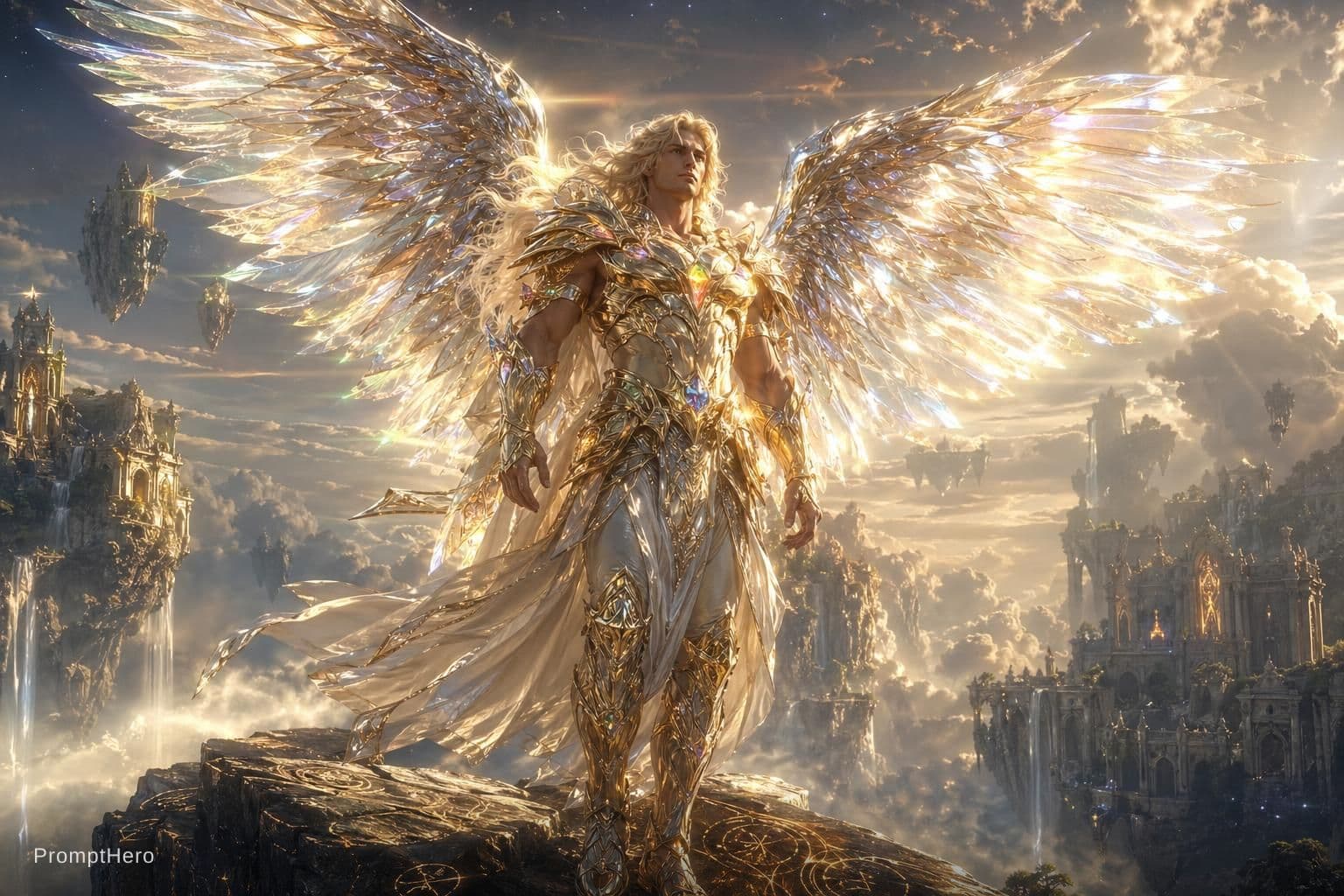 AI generated: The angel stands upon the jagged peak of a celestial mountain, his form bathed in an ethereal glow t...